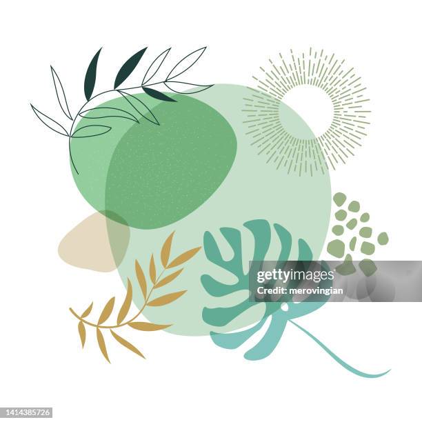 ilustrações de stock, clip art, desenhos animados e ícones de floral leaves on abstract liquid shapes background - assunto