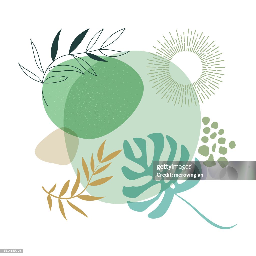 Floral leaves on abstract liquid shapes background