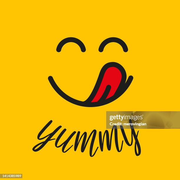 stockillustraties, clipart, cartoons en iconen met yummy smile with tongue lick, delicious, tasty food logo. yummy smile emoji face - gourmet