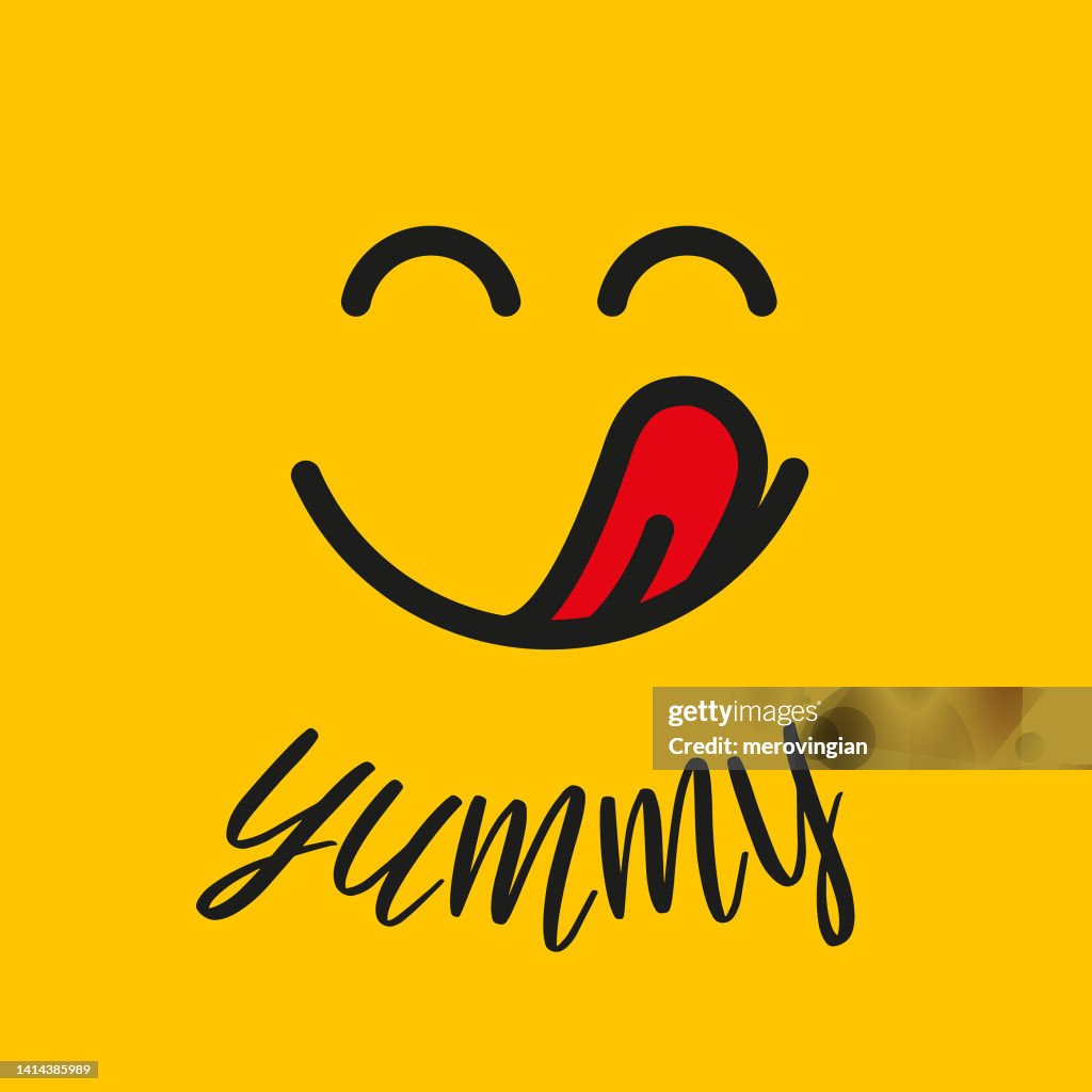 Yummy smile with tongue lick, Delicious, tasty food logo. Yummy smile emoji face