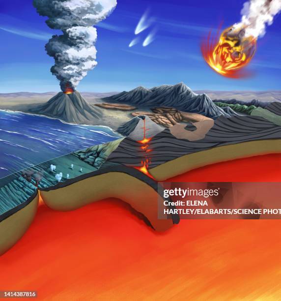 tectonic formations and processes, illustration - volcano eruption stock illustrations