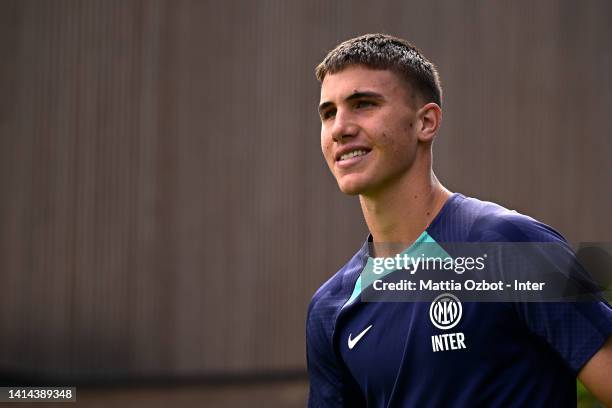 Cesare Casadei of FC Internazionale looks on during the FC Internazionale training session at the club's training ground Suning Training Center at...