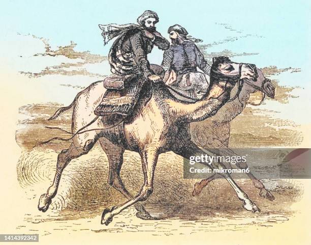 old engraved illustration of muhammad riding camel - muhammad prophet stock-fotos und bilder