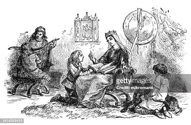 old engraved illustration of prince alfred's education, alfred the great and his mother - prince alfred of great britain fotografías e imágenes de stock
