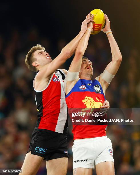 Joe Daniher of the Lions marks the ball against s20during the round 22 AFL match between the St Kilda Saints and the Brisbane Lions at Marvel Stadium...