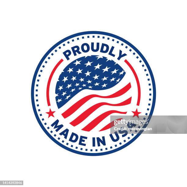 hergestellt in den usa etikettensymbol mit amerikanischem flaggensiegel. qualitätsabzeichen für us-amerikanisches zertifiziertes premium-verpackungsdesign - amerikanische flagge stock-grafiken, -clipart, -cartoons und -symbole