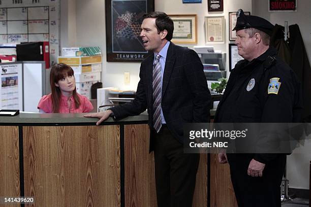 Jury Duty" Episode 813 -- Pictured: Ellie Kemper as Kelly Erin Hannon, Ed Helms as Andy Bernard, Michael "Tuba" Heatherton as policeman -- Photo by:...