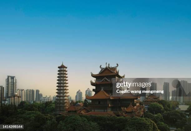 an ancient temple in a modern city - asia orientale foto e immagini stock