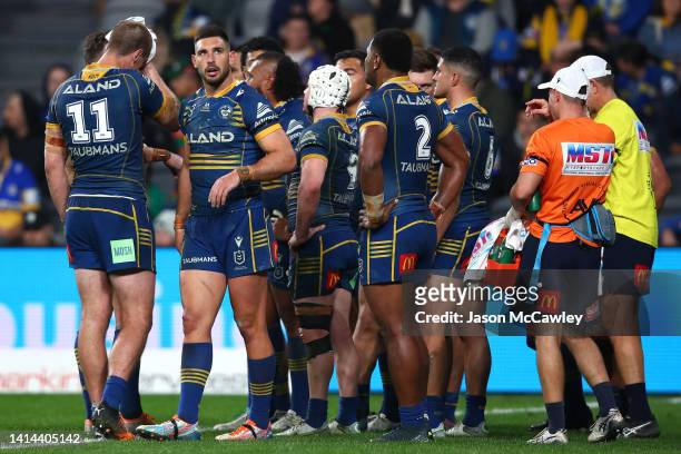 Ryan Matterson of the Eels looks on after a Rabbitohs try during the round 22 NRL match between the Parramatta Eels and the South Sydney Rabbitohs at...
