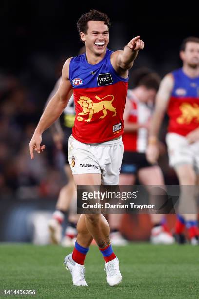 Cameron Rayner of the Lions celebrates a goal during the round 22 AFL match between the St Kilda Saints and the Brisbane Lions at Marvel Stadium on...