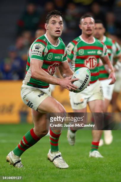 Cameron Murray of the Rabbitohs runs the ball during the round 22 NRL match between the Parramatta Eels and the South Sydney Rabbitohs at CommBank...