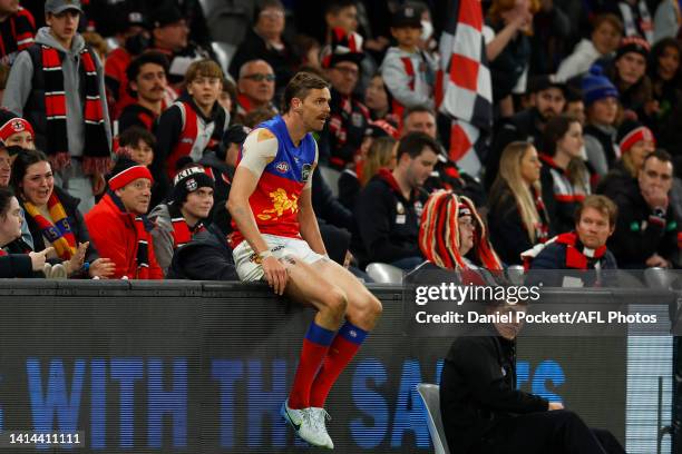 Joe Daniher of the Lions celebrates kicking a goal during the round 22 AFL match between the St Kilda Saints and the Brisbane Lions at Marvel Stadium...