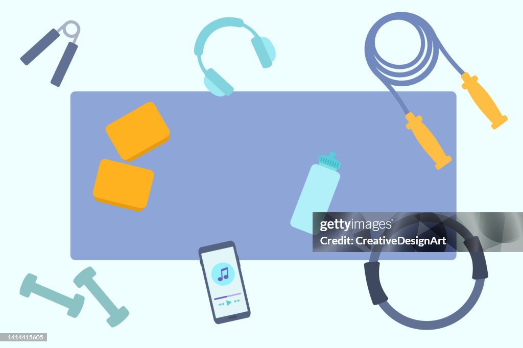 Healthy Lifestyle Concept. Aerial View Of Sports Equipment With Exercise Mat, Dumbbells, Pilates Ring And Jump Rope