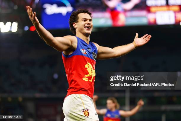 Cam Rayner of the Lions celebrates kicking a goal during the round 22 AFL match between the St Kilda Saints and the Brisbane Lions at Marvel Stadium...