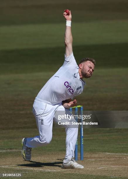 Sam Cook of England Lions bowls during day four of the tour match between England Lions and South Africa at The Spitfire Ground on August 12, 2022 in...