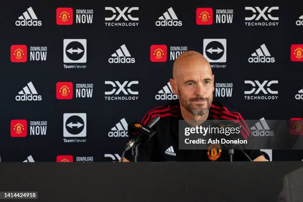 Manager Erik ten Hag of Manchester United speaks during a press conference at Carrington Training Ground on August 12, 2022 in Manchester, England.