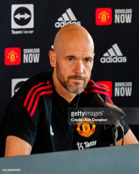 Manager Erik ten Hag of Manchester United speaks during a press conference at Carrington Training Ground on August 12, 2022 in Manchester, England.