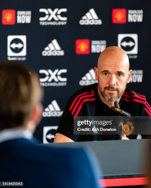 Manager Erik ten Hag of Manchester United speaks during a press conference at Carrington Training Ground on August 12, 2022 in Manchester, England.