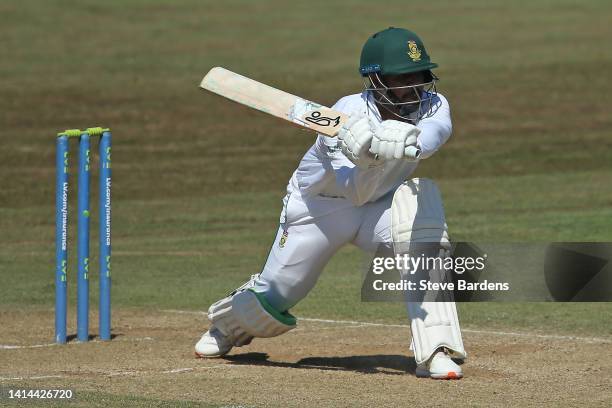 Khaya Zondo of South Africa plays a shot during day four of the tour match between England Lions and South Africa at The Spitfire Ground on August...