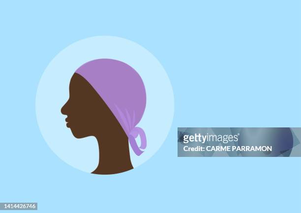 ilustraciones, imágenes clip art, dibujos animados e iconos de stock de mujer con pañuelo en la cabeza debido al cáncer - cyst
