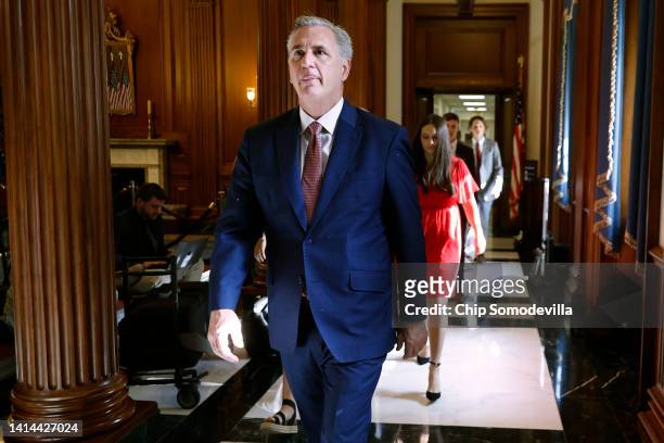 House Minority Leader Kevin McCarthy heads to the House Chamber for the swearing-in of Rep. Brad Finstad at the U.S. Capitol on August 12, 2022 in...