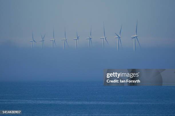 Sea fret shrouds the EDF energy off shore wind farm on August 12, 2022 by Redcar, England.