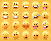 3d set vector of yellow face emoji icon isolated on yellow background