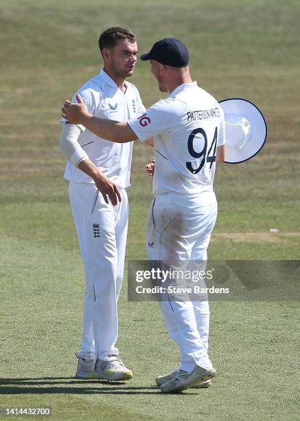 Sam Conners of England Lions celebrates taking the wicket of Glenton Stuurman of South Africa with Liam Patterson-White during day four of the tour...