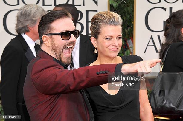 69th ANNUAL GOLDEN GLOBE AWARDS -- Pictured: Ricky Gervais, partner Jane Fallon arrive at the 69th Annual Golden Globe Awards held at the Beverly...