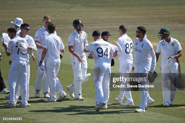 The England Lions players celebrate their victory over South Africa during day four of the tour match between England Lions and South Africa at The...