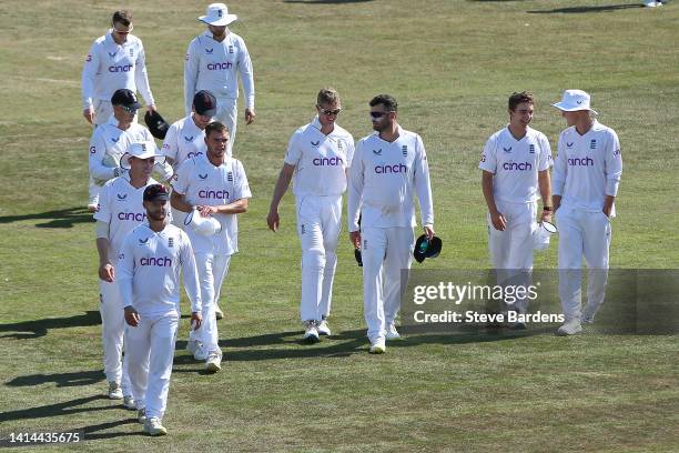 The England Lions players after their victory over South Africa during day four of the tour match between England Lions and South Africa at The...