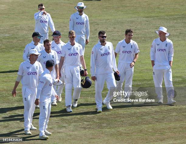 The England Lions players leave the field after their victory over South Africa during day four of the tour match between England Lions and South...
