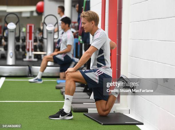 Martin Odegaard of Arsenal during a training session at London Colney on August 12, 2022 in St Albans, England.