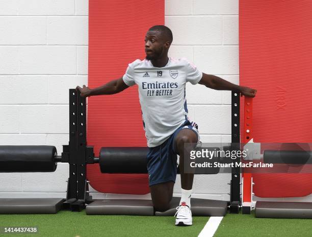 Nicolas Pepe of Arsenal during a training session at London Colney on August 12, 2022 in St Albans, England.