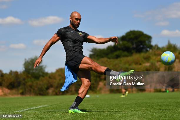 Olly Woodburn of Exeter Chiefs kicks during a training session at Sandy Park on August 09, 2022 in Exeter, England.