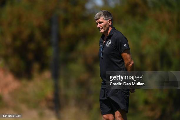 Rob Baxter, Directory of Rugby of Exeter Chiefs watches during a training session at Sandy Park on August 09, 2022 in Exeter, England.