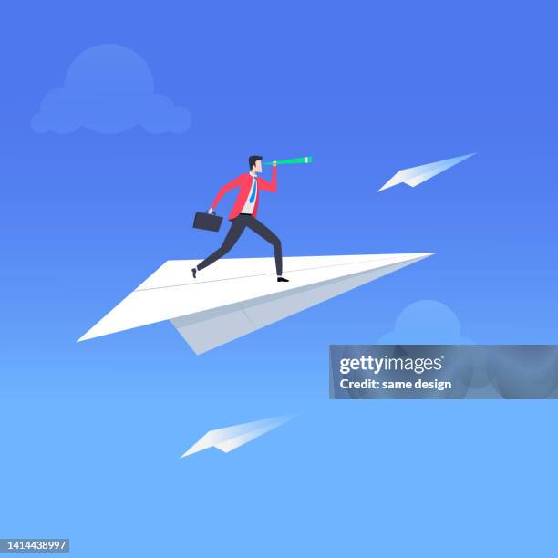 bildbanksillustrationer, clip art samt tecknat material och ikoner med businessman standing on a plane paper with his binoculars. business vision concept - bly