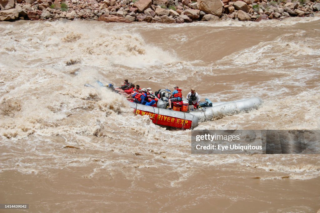 A 33' S-rig raft takes a big hit in Big Drop II, a CLass IV rapid, in Cataract Canyon at high water