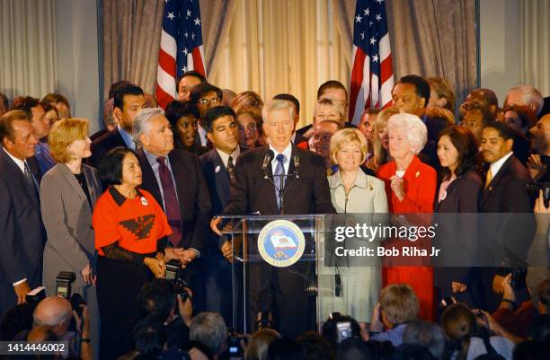 California Governor Gray Davis at the Biltmore Hotel as he conceded the Election to winner Arnold Schwarznegger, October 7, 2003 in Los Angeles,...