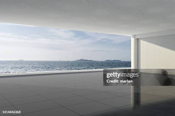 3d rendering, sea facing lobby space - building terrace stock pictures, royalty-free photos & images