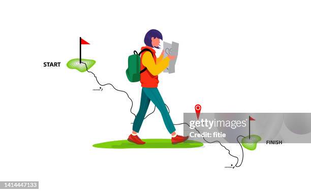 der junge wanderer liest die karte. gehen mit langen schritten. schöne junge frau reisende mit karte mit tasche, reise- und urlaubskonzept - wanderer stock-grafiken, -clipart, -cartoons und -symbole