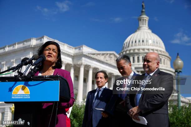 Rep. Pramila Jayapal and fellow members of the House Progressive Caucus hold a news conference ahead of the vote on the Inflation Reduction Act of...