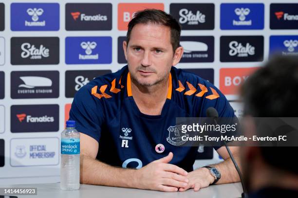 Frank Lampard speaks to the media during the Everton press conference at Finch Farm on August 12 2022 in Halewood, England.