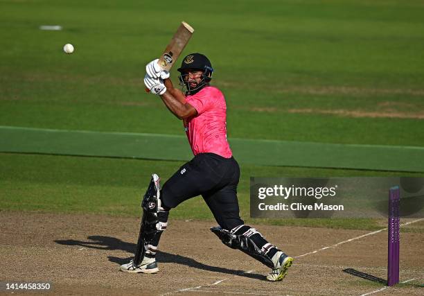 Cheteshwar Pujara of Sussex Sharks in action batting during the Royal London One Day Cup match between Warwickshire and Sussex Sharks at Edgbaston on...