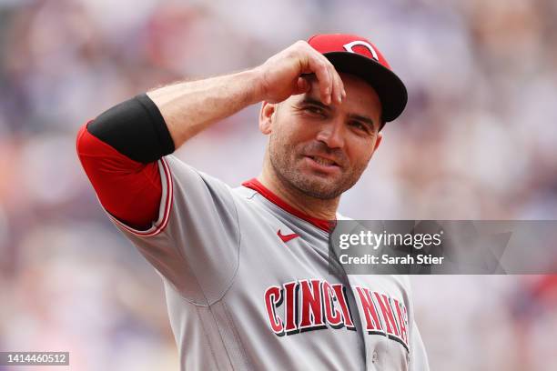 Joey Votto of the Cincinnati Reds looks on during the second inning against the New York Mets at Citi Field on August 10, 2022 in the Queens borough...