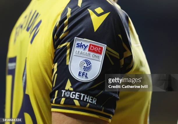 Detailed view of the Sky Bet League One patch on a players sleeve along with the slogan Together during the Carabao Cup First Round match between...