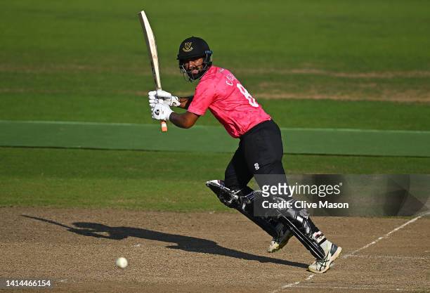 Cheteshwar Pujara of Sussex Sharks in action batting during the Royal London One Day Cup match between Warwickshire and Sussex Sharks at Edgbaston on...