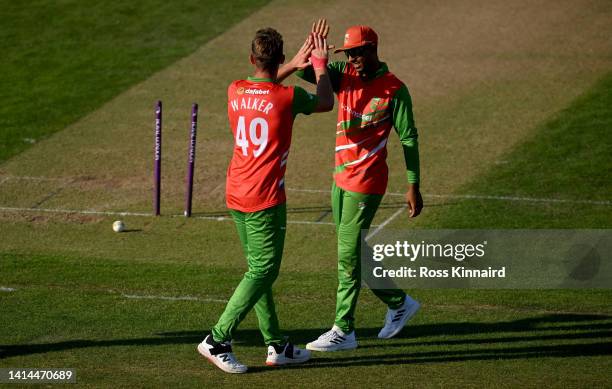 Roman Walker of Leicestershire is congratulated after taking the wicket of Kasey Aldridge of Somerset during the Royal London Cup game between...