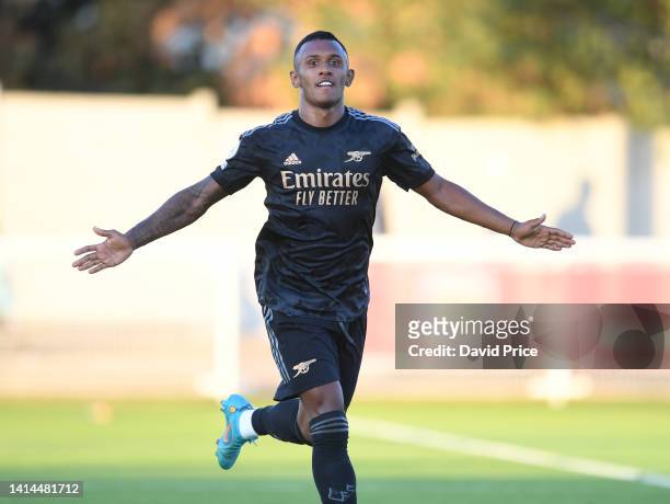 Marquinhos celebrates scoring his and Arsenal's 2nd goal during the PL2 match between West Ham United U21 and Arsenal U21 at Rush Green on August 12,...