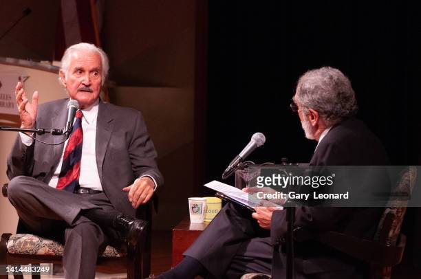 During the Aloud series at the Los Angeles Central Library Mexican author Carlos Fuentes discusses his books in the Mark Taper Auditorium on February...